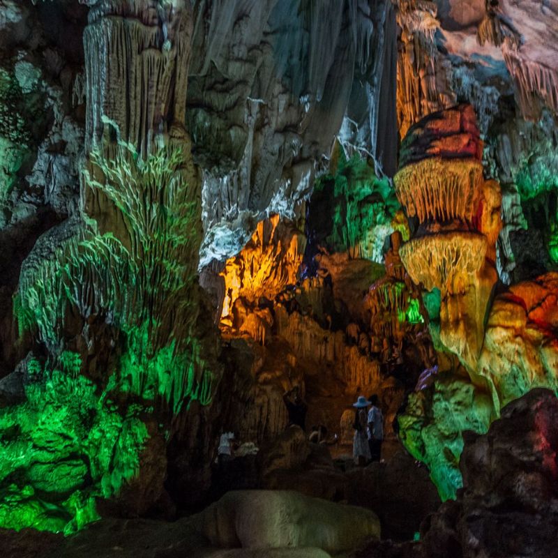 4. Dau Go Cave (Cave of Wonders): Where History Meets Geology Location: Dau Go Island Why Visit: A historic cave deeply entwined with Vietnam’s military heritage. Dau Go Cave features three expansive compartments filled with towering limestone pillars and moss-draped stalagmites. According to historical records, General Tran Hung Dao stored sharp wooden stakes here before deploying them in the famous Battle of Bach Dang River in the 13th century. Historical Resonance: Blends natural grandeur with rich national history. Natural Skylights: Sunlight filters down onto mossy, curtain-like stone formations. Mystical Atmosphere: Ancient, quiet, and weathered by time. Pro Tip: Combine with a visit to neighboring Thien Cung Cave for a complete heritage experience.